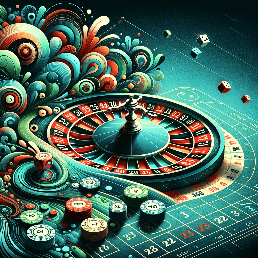 Artistic image of an online roulette game, predominantly in teal color #005263, featuring stylized roulette wheel and betting table in an abstract design.