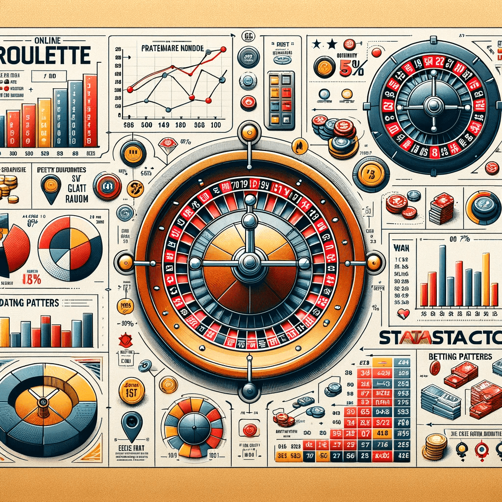 Detailed statistical chart for online roulette, featuring various types of graphs such as pie charts and bar graphs, showing data like number frequencies and payout percentages