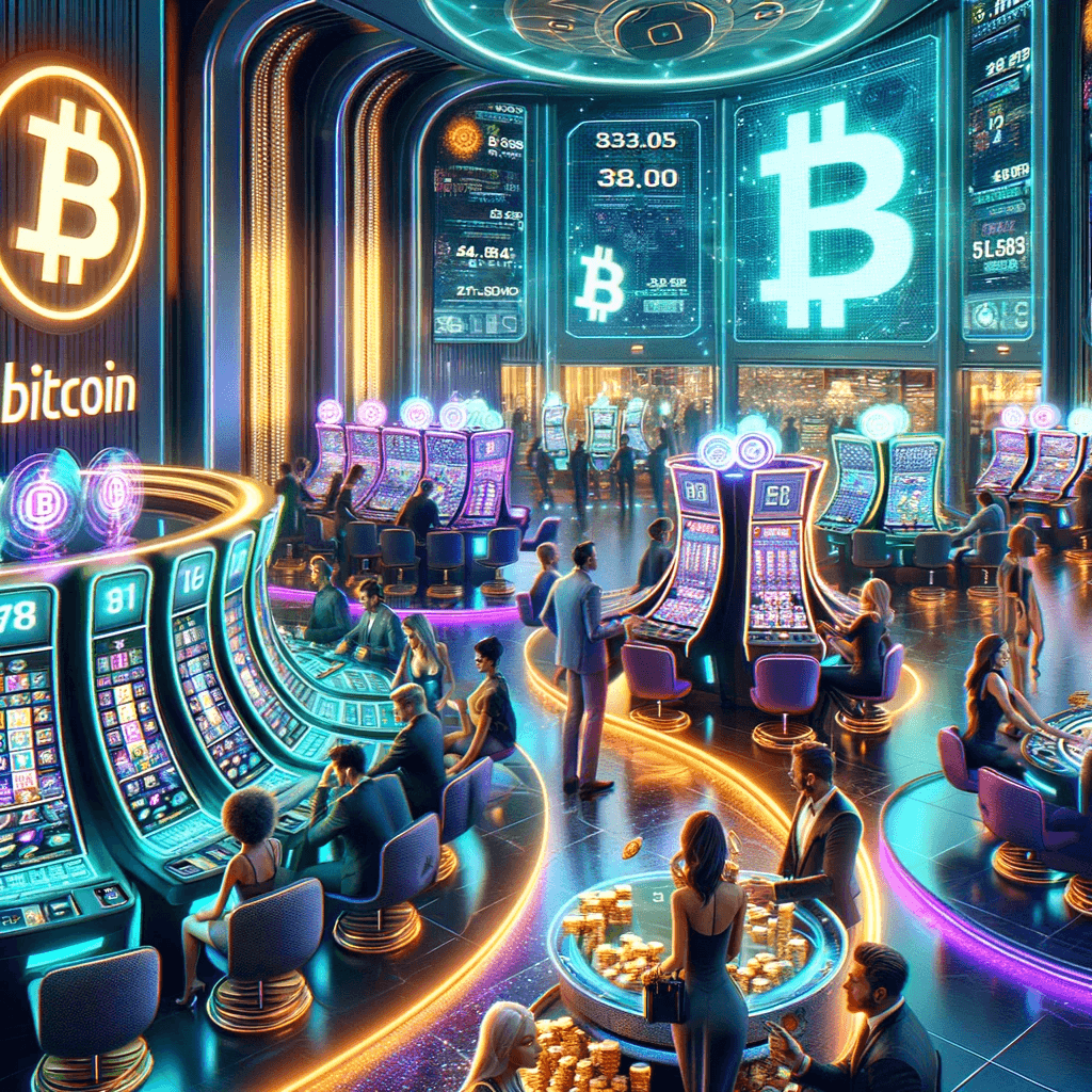 high-tech online casino gaming interface focused on Bitcoin, featuring digital casino games with Bitcoin symbols and a real-time value tracker.