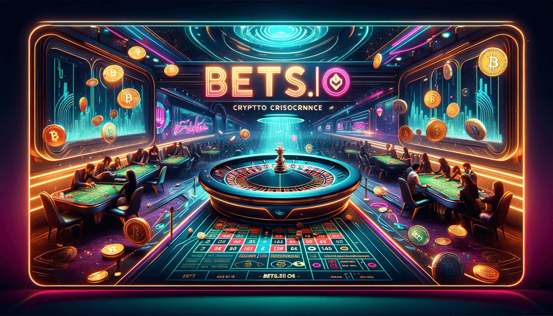 A dynamic banner image for Bets.io, showcasing a luxurious cryptocurrency casino with neon lighting. Prominent in the scene is a digital roulette table surrounded by diverse players, with the 'Bets.io' logo in bold neon lettering across the top, symbolizing advanced crypto gambling.