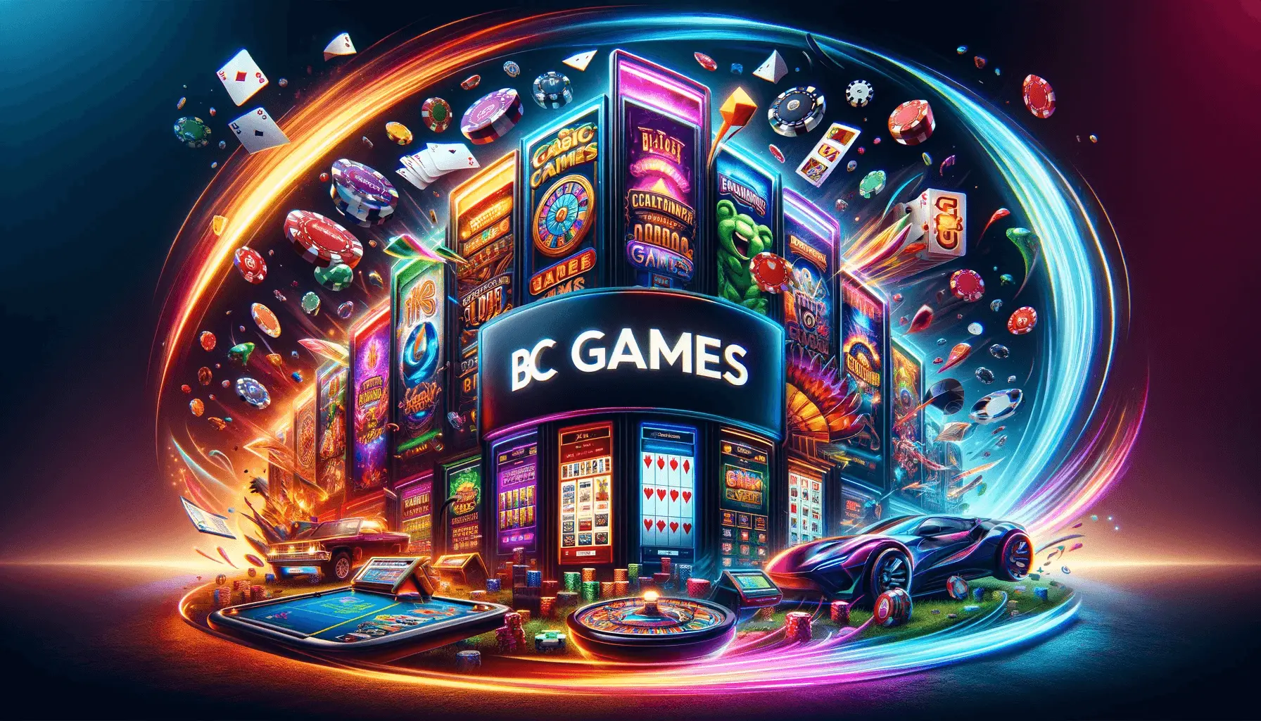 Bannière colorée pour BC Games, illustrant une variété de jeux de casino populaires tels que les machines à sous, le blackjack et le poker, dans un environnement virtuel dynamique et moderne. Le logo de BC Games est mis en évidence au centre, symbolisant une expérience de jeu en ligne passionnante et engageante.